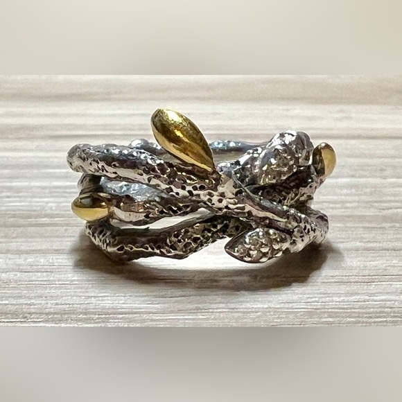 Stephen Dweck Diamonds Sterling Silver & Gold Triple Fortuna Branch Ring, Size 5 - Picture 2 of 10